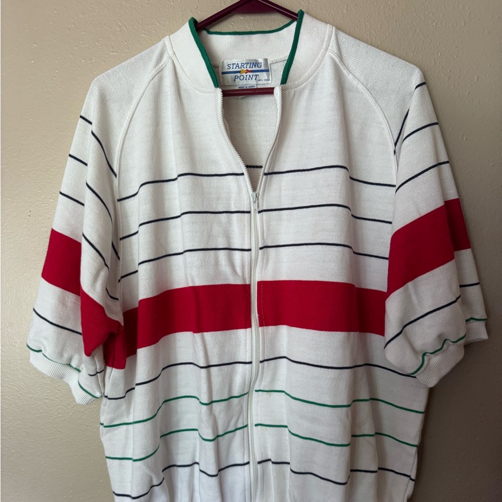 Vintage 80s white and red zip-up jersey shirt cover up